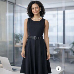 Alfani Black Sleeveless Fit Flare Dress Belted Size 8 Knee Length Office Party